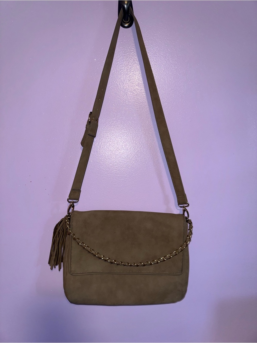attention Olive Taupe Crossbody Bag with Chain & Tassel
